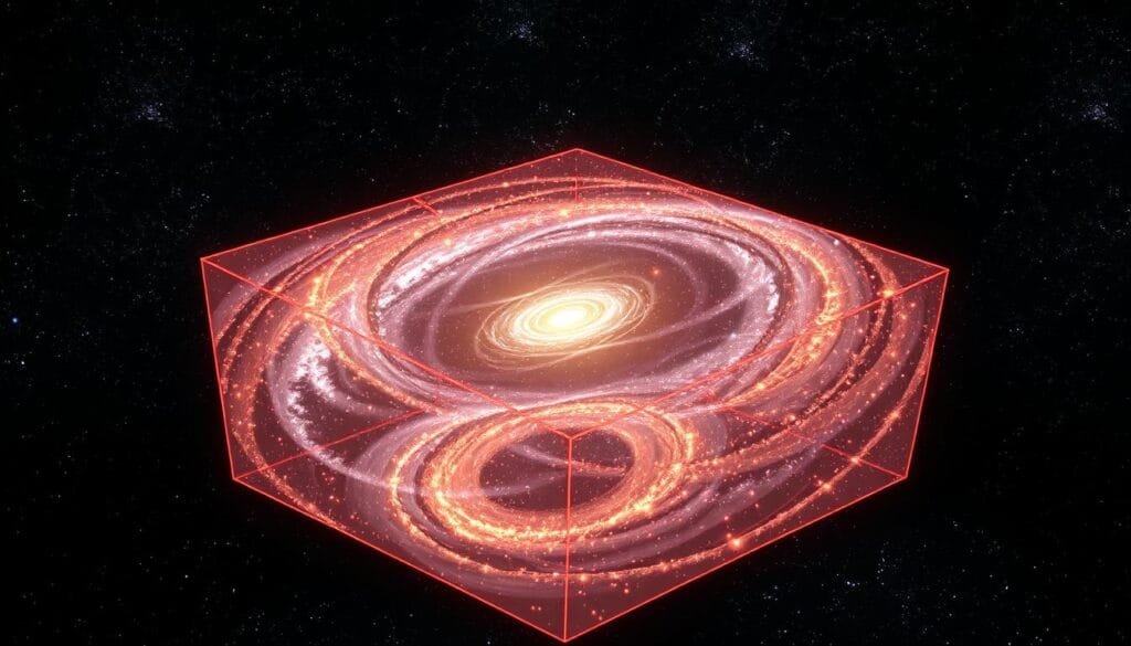 A vast, three-dimensional holographic projection of the observable universe, displaying its intricate structure and ethereal beauty. The hologram shimmers with a mesmerizing interplay of light and shadow, conveying a sense of the universe's underlying quantum nature. In the foreground, a swirling vortex of energy and matter suggests the role of gravity in shaping the cosmic hologram. The background is filled with a myriad of distant galaxies, their shapes and patterns hinting at the hidden dimensions that may underlie our perceptual reality. The overall scene evokes a profound sense of wonder and the possibility that our universe may indeed be a gigantic, interconnected hologram.