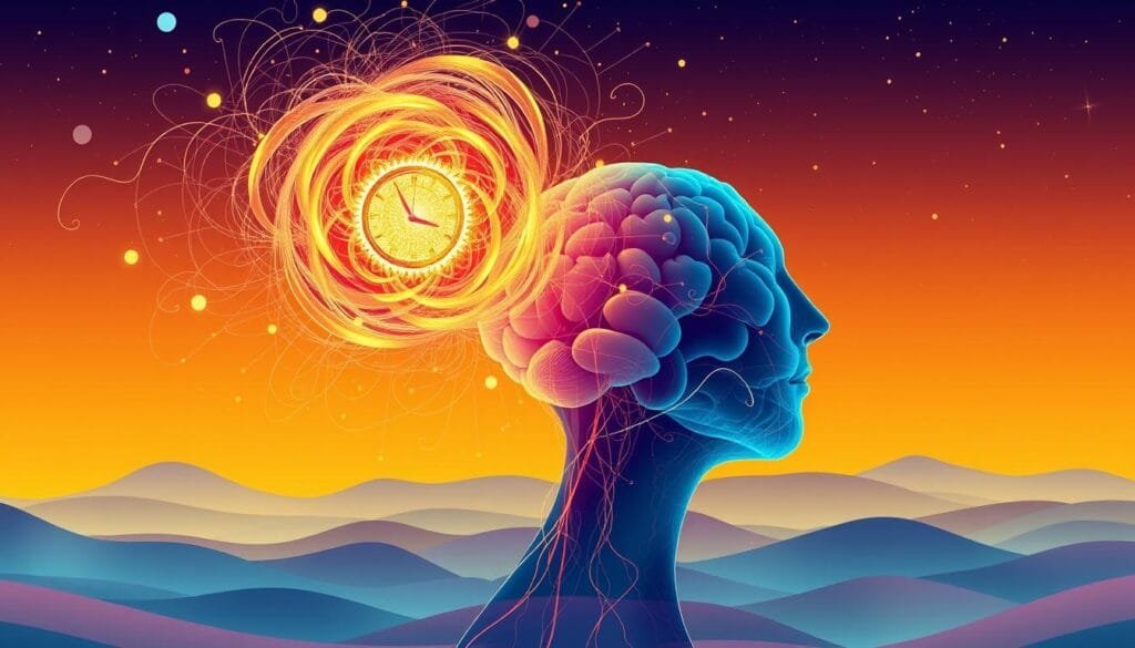 A vibrant, abstract illustration depicting the fundamental principles of circadian rhythms. In the foreground, a pulsing, radiant orb symbolizes the body's internal clock, with intricate, swirling patterns of light and color emanating outward. The middle ground features a stylized representation of the human brain, with interconnected neural pathways pulsing in sync with the central timekeeper. In the background, a serene, ethereal landscape evokes the natural cycles of day and night, with subtle gradients of warm and cool tones. The overall composition conveys a sense of balance, harmony, and the intricate dance between our biological systems and the rhythms of the natural world. A vibrant, abstract illustration depicting the fundamental principles of circadian rhythms. In the foreground, a pulsing, radiant orb symbolizes the body's internal clock, with intricate, swirling patterns of light and color emanating outward. The middle ground features a stylized representation of the human brain, with interconnected neural pathways pulsing in sync with the central timekeeper. In the background, a serene, ethereal landscape evokes the natural cycles of day and night, with subtle gradients of warm and cool tones. The overall composition conveys a sense of balance, harmony, and the intricate dance between our biological systems and the rhythms of the natural world.