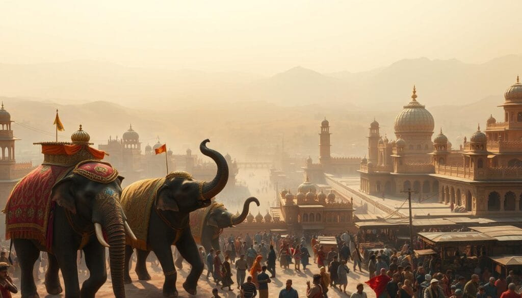 A vibrant and bustling imperial city, with grand palaces, intricate architecture, and bustling markets. In the foreground, majestic elephants adorned with ornate tapestries and jewels, their trunks raised as they carry important dignitaries through the crowded streets. Merchants and artisans ply their wares, their stalls overflowing with exotic spices, rich fabrics, and precious gems. In the middle ground, towering minarets and domes rise above the city, bathed in warm, golden light that filters through the hazy atmosphere. The background is a panoramic vista of rolling hills and distant mountains, creating a sense of scale and grandeur. The overall atmosphere is one of wealth, power, and cultural vibrancy, reflecting the might and influence of the Mughal Empire at the height of its power.