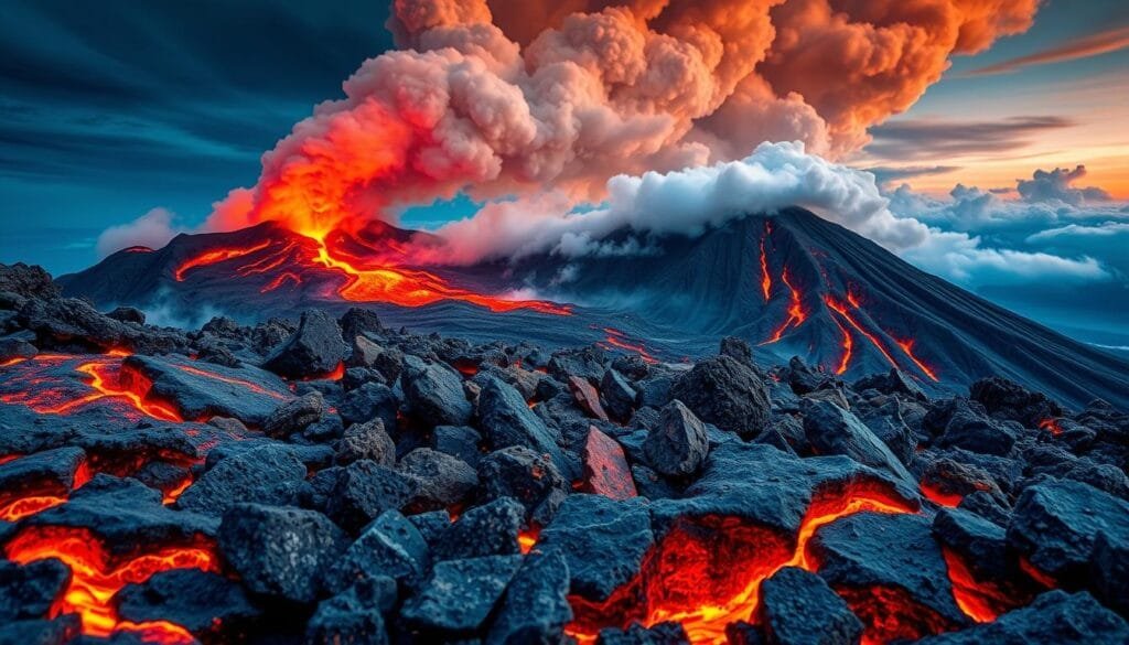 A vibrant and dynamic image of volcanic materials, showcasing the diverse and captivating nature of the Earth's internal processes. In the foreground, a vivid display of molten lava cascading down the slopes of an active volcano, its fiery hues illuminating the scene. In the middle ground, a mesmerizing array of volcanic rocks and minerals, each with its own unique texture and pattern, reflecting the intense heat and pressure that have forged them. In the background, a dramatic and ethereal skyscape, with billowing clouds of steam and ash, conveying the raw power and energy that emanates from the heart of the volcano. The overall composition should exude a sense of wonder and awe, capturing the essential beauty and importance of these natural phenomena.