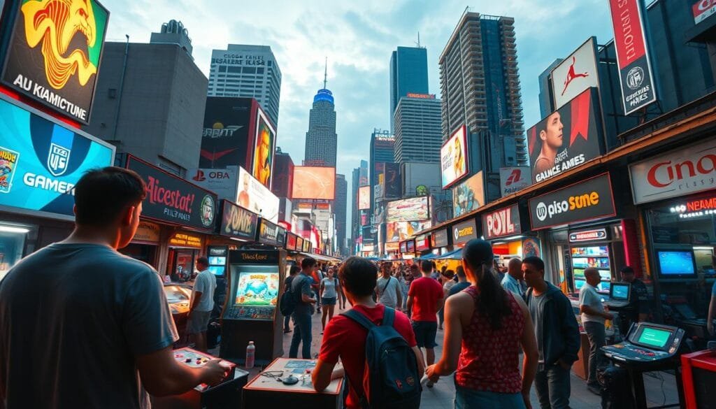 A vibrant and immersive scene depicting the impact of video games on Latin American culture. In the foreground, a group of friends gathered around a retro gaming console, engrossed in a classic arcade title. The middle ground showcases a bustling street market, with vendors selling a diverse array of gaming merchandise and consoles. In the background, towering skyscrapers and neon-lit billboards create a dynamic urban landscape, reflecting the growing influence of video game culture on the region. The lighting is warm and vibrant, capturing the energy and excitement of the gaming community. The camera angle is slightly elevated, providing a panoramic view that emphasizes the scale and diversity of the scene.
