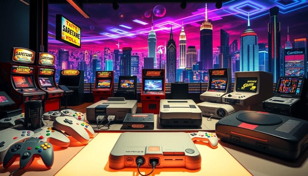 A vibrant and immersive scene of classic video game consoles, showcasing the evolution of gaming technology from the 1990s. In the foreground, a well-lit display features an array of iconic consoles, including the sleek Nintendo 64, the bold Sega Genesis, and the legendary Super Nintendo Entertainment System. The midground depicts a retro-inspired arcade setting, with neon-lit cabinets and vibrant pixel art backgrounds. In the background, a futuristic cityscape with towering skyscrapers and a vibrant, neon-infused skyline creates a sense of technological progress and the ever-evolving nature of the video game industry. The lighting is dramatic, with warm hues and dramatic shadows, evoking the nostalgia and excitement of the golden age of console gaming.