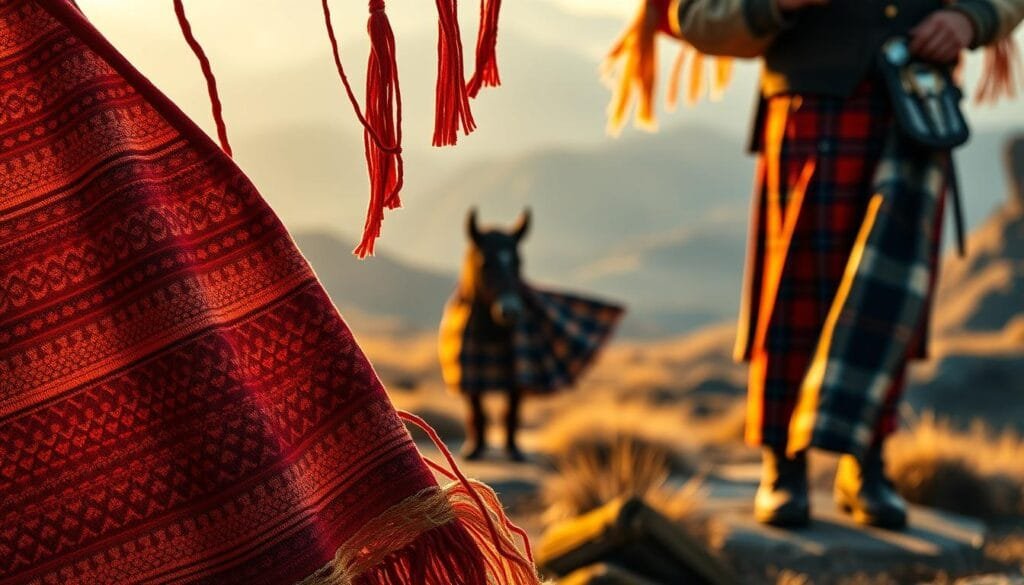 A vibrant and intricate tapestry of "ropa", a traditional Spanish garment, adorns the foreground. The fabric's intricate patterns and vibrant hues, ranging from deep crimson to rich ochre, are meticulously rendered, capturing the essence of its cultural heritage. In the middle ground, a pair of expertly crafted kilts sway gently, their pleated folds and tartan designs a testament to the skilled artisanship of their creators. The background is filled with a muted, yet evocative, landscape, hinting at the rugged terrain and ancient traditions that have shaped the history of this region. The scene is illuminated by a warm, golden light, creating a sense of timelessness and connection to the past.