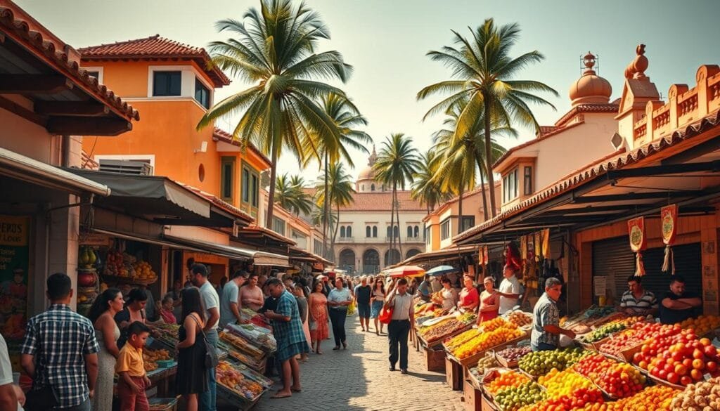 A vibrant, bustling Hispanic marketplace, illuminated by warm, golden sunlight. In the foreground, an array of colorful produce stalls, their wares spilling out onto the cobblestone streets. Vendors in traditional clothing engage with customers, their animated gestures and friendly banter creating a lively atmosphere. In the middle ground, a mix of modern and historical architecture, with terracotta roofs and ornate facades reflecting the cultural heritage of the region. In the background, towering palm trees sway gently, casting dappled shadows across the scene. The overall mood is one of cultural richness, community, and a deep sense of tradition.