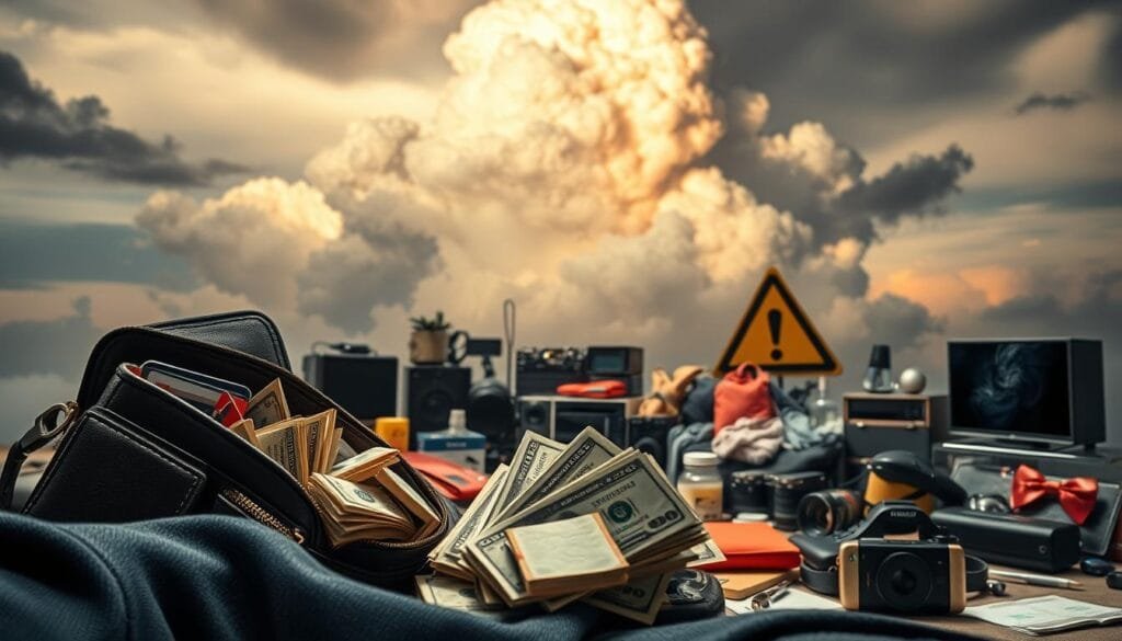 A vibrant, cautionary image depicting the "warning signs of lifestyle inflation". The foreground shows a person's wallet and personal belongings overflowing with bank notes, symbolizing increased income. The middle ground features various consumer goods and luxury items like electronics, clothing, and home decor, hinting at lifestyle upgrades. The background depicts a looming, ominous cloud formation, casting an uneasy shadow over the scene, alluding to the potential dangers of unchecked lifestyle inflation. The lighting is dramatic, with strong contrast between the illuminated foreground and the darkening sky. The overall mood conveys a sense of financial imbalance and the need for prudence and self-awareness when it comes to managing one's rising standard of living.
