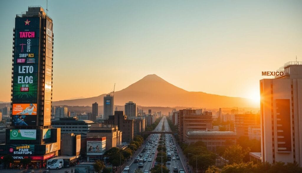A vibrant cityscape of Mexico City, the bustling heart of the country's digital economy. In the foreground, a towering skyscraper adorned with neon signs and billboards, reflecting the rapid growth of local tech startups. In the middle ground, busy streets teeming with people and vehicles, symbolizing the widespread adoption of digital technologies. In the background, the iconic silhouette of the Popocatépetl volcano, a timeless natural wonder. The scene is bathed in a warm, golden light, conveying a sense of progress and opportunity. The image captures the profound impact of the digital revolution on Mexico, transforming its economic landscape and connecting it to the global tech ecosystem.