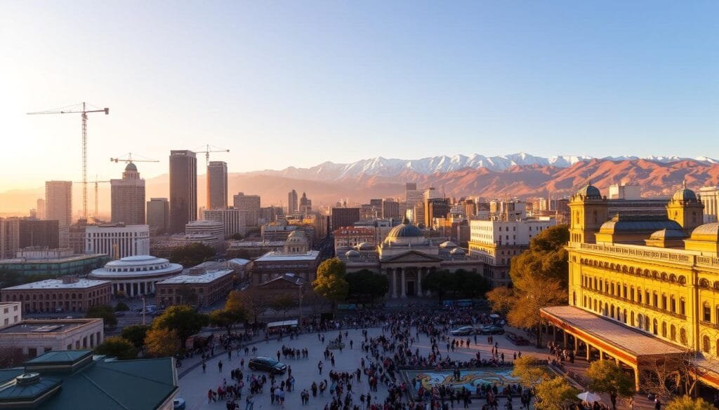 A vibrant cityscape of Santiago, Chile, bathed in warm, golden sunlight. In the foreground, a bustling financial district with towering skyscrapers and cranes dotting the skyline, reflecting the country's economic prowess. In the middle ground, a lively public square where people gather, mingling amidst colorful murals and street performers, showcasing the rich cultural heritage. In the background, the majestic Andes mountains rise, their snow-capped peaks a testament to the natural beauty that has inspired generations of Chileans. The scene conveys a sense of progress, innovation, and the deep-rooted traditions that shape the cultural impact of this South American nation on the world stage. A vibrant cityscape of Santiago, Chile, bathed in warm, golden sunlight. In the foreground, a bustling financial district with towering skyscrapers and cranes dotting the skyline, reflecting the country's economic prowess. In the middle ground, a lively public square where people gather, mingling amidst colorful murals and street performers, showcasing the rich cultural heritage. In the background, the majestic Andes mountains rise, their snow-capped peaks a testament to the natural beauty that has inspired generations of Chileans. The scene conveys a sense of progress, innovation, and the deep-rooted traditions that shape the cultural impact of this South American nation on the world stage.