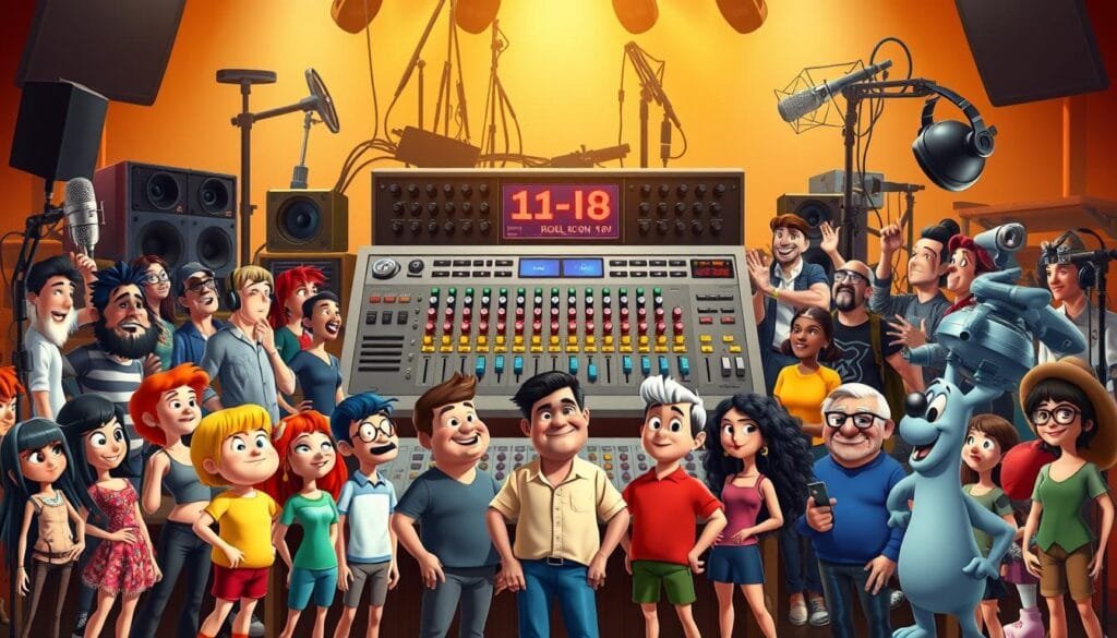 A vibrant collage showcasing the diverse world of voiceover acting. In the foreground, a group of animated characters stand in dynamic poses, their voices brought to life by a talented ensemble of voice artists. The middle ground features a stylized soundboard, knobs, and sliders, symbolizing the technical aspects of dubbing and localization. In the background, a warm, cinematic lighting illuminates a collection of microphones, headphones, and sound mixing equipment, evoking the behind-the-scenes magic of bringing characters to life through voice. The scene conveys the passion, artistry, and collaborative nature of the voiceover industry, inviting the viewer to appreciate the unsung heroes who give voice to our favorite animated icons.