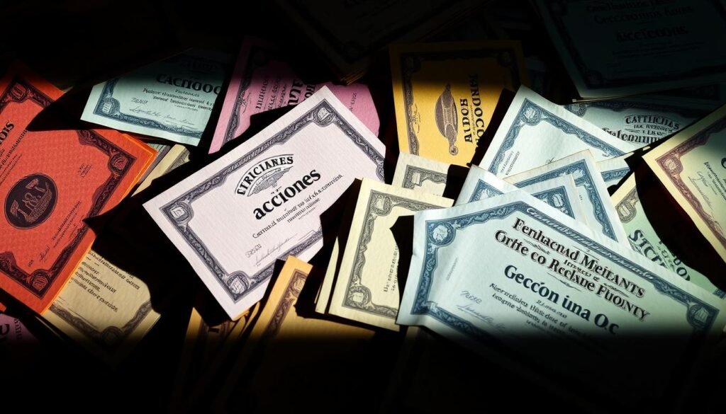 A vibrant collection of colorful stock certificates representing shares of a thriving company. The certificates are arranged in a dynamic, overlapping composition, conveying the essence of "acciones" - the buying and selling of company ownership. The certificates are printed with intricate details, reflecting the complexity and legitimacy of the financial transaction. Dramatic lighting casts shadows and highlights the texture of the paper, creating a sense of depth and dimensionality. The overall scene evokes a mood of growth, opportunity, and the flow of capital that fuels a company's expansion.