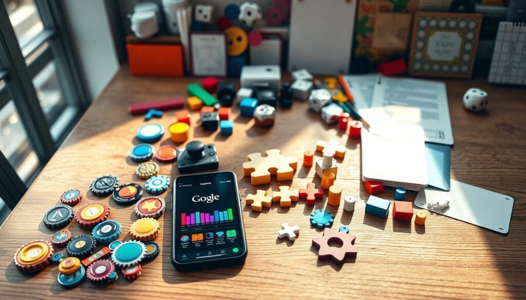 A vibrant collection of gamification tools arranged on a wooden table, illuminated by natural lighting streaming through a window. In the foreground, a set of colorful badges, points, and progress bars sit alongside a smartphone displaying an engaging app interface. In the middle ground, a cluster of interlocking puzzle pieces and game controllers hint at the interactive nature of these techniques. The background features an assortment of analog tools like dice, cards, and whiteboards, emphasizing the diverse applications of gamification principles beyond the digital realm. The overall scene conveys a sense of creativity, productivity, and the power of playful design to captivate and motivate users. A vibrant collection of gamification tools arranged on a wooden table, illuminated by natural lighting streaming through a window. In the foreground, a set of colorful badges, points, and progress bars sit alongside a smartphone displaying an engaging app interface. In the middle ground, a cluster of interlocking puzzle pieces and game controllers hint at the interactive nature of these techniques. The background features an assortment of analog tools like dice, cards, and whiteboards, emphasizing the diverse applications of gamification principles beyond the digital realm. The overall scene conveys a sense of creativity, productivity, and the power of playful design to captivate and motivate users.