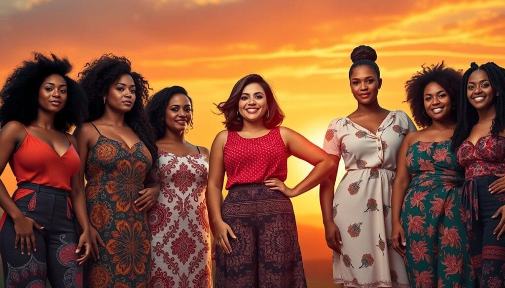 A vibrant, colorful image showcasing a group of diverse, empowered women in various stages of life. Set against a warm, sunset-hued backdrop, the women stand tall, their expressions reflecting a mix of confidence, resilience, and a sense of shared experience. The foreground features a collection of bold, dynamic poses, with the women's bodies and gestures conveying a sense of movement and energy. In the middle ground, intricate patterns and textures, perhaps inspired by traditional Latin American textiles, add depth and visual interest. The background blends seamlessly, creating a dreamlike, atmospheric setting that enhances the overall mood of the scene. Soft, diffused lighting casts a flattering glow, accentuating the women's features and highlighting their natural beauty. The resulting image is a powerful, emotive representation of the strength, diversity, and resilience of "mujeres."