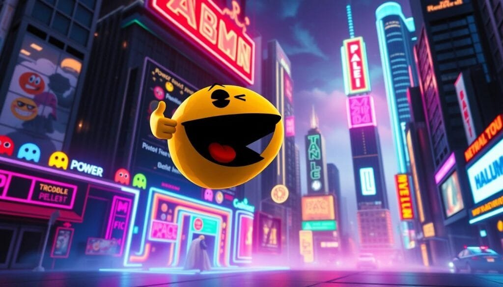 A vibrant cultural impact of the iconic Pac-Man video game character, depicted with bold, neon-infused visuals. In the foreground, Pac-Man is seen in a dynamic, angular pose, his signature open-mouthed design rendered with a striking, low-poly aesthetic. The middle ground features a dazzling array of classic Pac-Man game elements, including power pellets, ghosts, and maze-like structures, all bathed in a kaleidoscopic, retro-futuristic glow. The background showcases a dynamic, cityscape-inspired environment, with towering skyscrapers, neon signage, and a vibrant, urban atmosphere that reflects the enduring cultural impact of this iconic gaming legend.