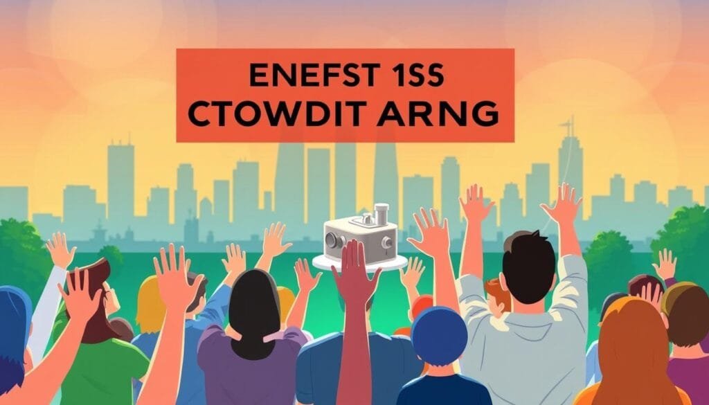 A vibrant, digitally-illustrated scene depicting the key benefits of crowdfunding. In the foreground, a diverse group of people enthusiastically raise their hands, representing the engaged community of backers. The middle ground showcases a 3D model of a new product, conveying the ability to validate ideas and secure funding. The background features a city skyline, hinting at the global reach and accessibility of crowdfunding platforms. The lighting is warm and inviting, with a sense of optimism and collaboration. The overall composition highlights the core advantages of crowdfunding - securing finance and validating a product through the collective support of a passionate crowd.