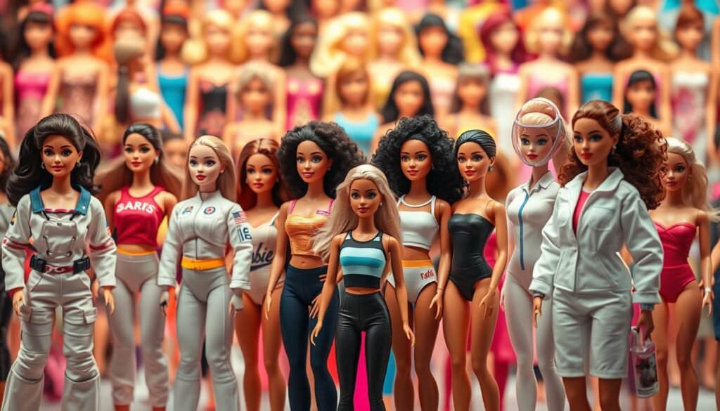 A vibrant display of evolving Barbie dolls, showcasing the progression from traditional housewife to diverse, inclusive representations. Meticulously crafted figures in the foreground, featuring an array of modern, empowered versions - astronauts, athletes, scientists, and more. The middle ground presents a seamless transition, with dolls in various poses and outfits, reflecting the broadening of Barbie's identity. In the background, a soft, blurred kaleidoscope of past and present Barbie designs, hinting at the doll's enduring legacy and the brand's commitment to adaptation and progress. Warm, inviting lighting illuminates the scene, creating a sense of celebration and positive change.
