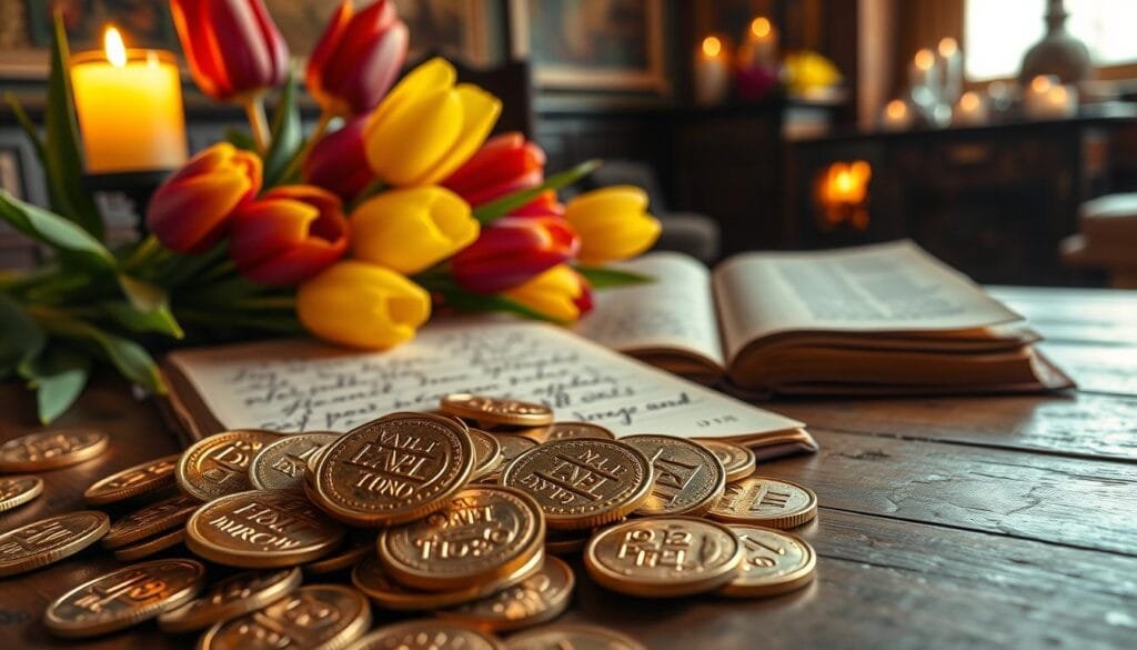A vibrant display of florins, the historic Dutch currency, depicted with intricate detail and precision. In the foreground, a handful of gleaming golden coins spill forth, their surfaces reflecting the warm candlelight. Behind them, a scattered arrangement of tulips in a range of vivid hues - crimson, sunshine yellow, and deep indigo - add a touch of natural elegance. The middle ground features a meticulously rendered antique ledger, its pages open to reveal carefully inked entries, hinting at the complex financial transactions of the era. In the background, a softly lit interior scene evokes the cozy atmosphere of a 17th-century Dutch household, with a wooden table, ornate tapestries, and the flickering glow of a fireplace. The overall composition conveys a sense of historic opulence and the heady allure of the tulip craze that once gripped the Netherlands.