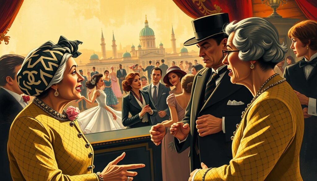 A vibrant, dynamic scene depicting the creative connection between iconic fashion designer Coco Chanel and her influential circles. In the foreground, Chanel converses animatedly with renowned composer Igor Stravinsky, their expressive gestures conveying the spark of artistic collaboration. In the middle ground, the Russian impresario Sergei Diaghilev oversees a whirlwind of activity, ballet dancers and Hollywood celebrities intermingling, hinting at Chanel's far-reaching cultural impact. The background features a stylized, impressionistic cityscape, suggesting the wider web of relationships and influences that shaped Chanel's rise to fashion dominance. Warm lighting, rich textures, and a sense of kinetic energy permeate the scene, reflecting the "relación creativa" at the heart of this transformative period. A vibrant, dynamic scene depicting the creative connection between iconic fashion designer Coco Chanel and her influential circles. In the foreground, Chanel converses animatedly with renowned composer Igor Stravinsky, their expressive gestures conveying the spark of artistic collaboration. In the middle ground, the Russian impresario Sergei Diaghilev oversees a whirlwind of activity, ballet dancers and Hollywood celebrities intermingling, hinting at Chanel's far-reaching cultural impact. The background features a stylized, impressionistic cityscape, suggesting the wider web of relationships and influences that shaped Chanel's rise to fashion dominance. Warm lighting, rich textures, and a sense of kinetic energy permeate the scene, reflecting the "relación creativa" at the heart of this transformative period.