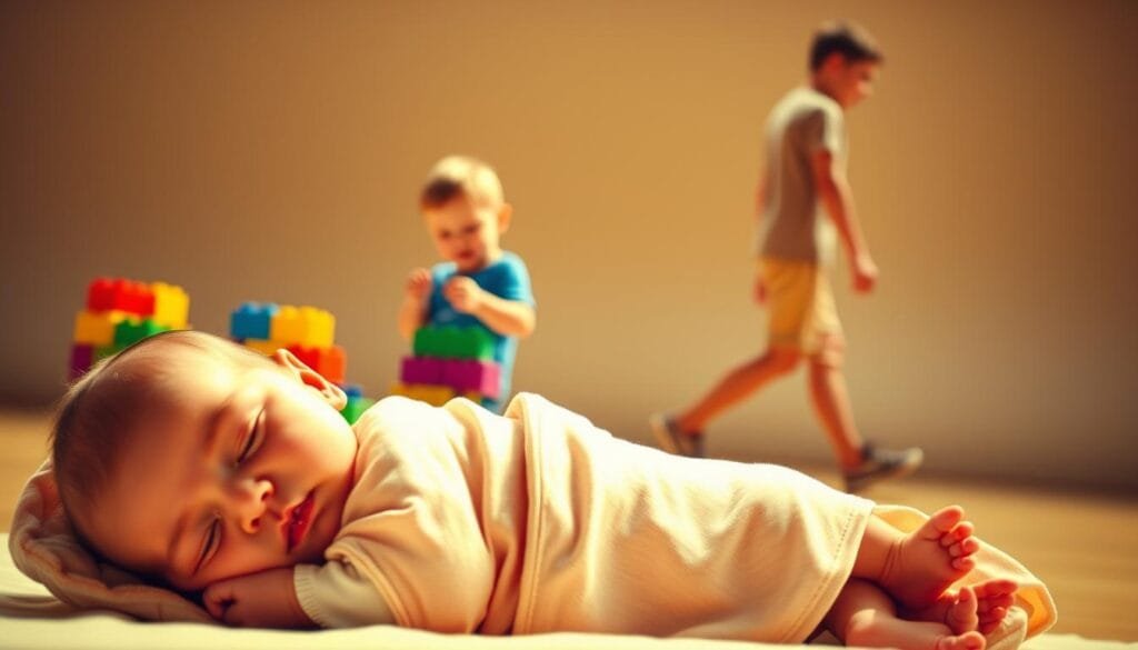 A vibrant, dynamic scene depicting the stages of human development. In the foreground, a newborn baby, swaddled in soft fabrics, lies peacefully. Behind, a young child plays with colorful building blocks, representing the formative years. In the middle ground, an adolescent stands tall, exuding a sense of potential and growth. In the background, an adult figure strides confidently, embodying the culmination of the developmental journey. The lighting is warm and gentle, evoking a sense of nurture and progression. The composition is balanced, with each stage of life seamlessly integrated, conveying the continuous, cyclical nature of development. The overall mood is one of hope, wonder, and the inherent plasticity of the human experience.