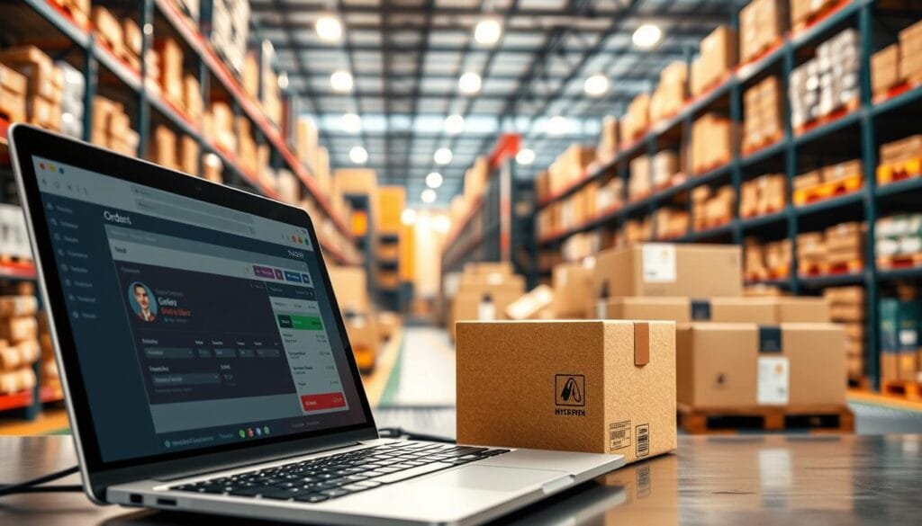 A vibrant e-commerce scene depicting the "dropshipping flujo pedido" process. In the foreground, a laptop displaying an online store's order management interface, with a customer's order details prominently featured. In the middle ground, a shipping box is being carefully packed, ready for dispatch. The background showcases a bustling warehouse environment, with shelves stocked with various products, conveyor belts, and efficient logistics operations. The lighting is warm and inviting, creating a sense of productivity and efficiency. The overall composition conveys the seamless integration of online sales, order fulfillment, and shipping within the dropshipping business model.