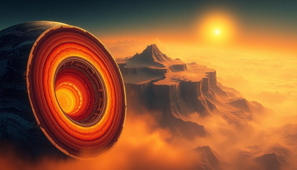 A vibrant, full-color illustration depicting the possible origin of the continuous hum emanating from the Earth's core. In the foreground, a detailed cross-section of the planet's interior, showcasing the molten outer core and the solid inner core. The middle ground features intricate geological formations and tectonic plates, hinting at the dynamic processes beneath the surface. In the background, a soft, atmospheric glow creates a sense of mystery and the unknown. The lighting is warm and natural, with subtle shadows and highlights accentuating the depth and texture of the scene. The overall composition conveys a sense of scientific curiosity and the quest to unravel the secrets of our planet's persistent, subsonic vibrations.