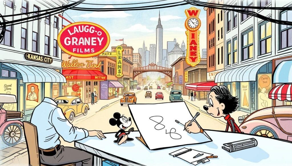 A vibrant, hand-drawn cartoon scene depicting Walt Disney's early years in Kansas City, Missouri. In the foreground, a young Disney sketches at a drafting table, immersed in his craft, with a playful, animated animal character peering over his shoulder. In the middle ground, the bustling streets of 1920s Kansas City come to life, with vintage automobiles, pedestrians, and the neon signage of the Laugh-O-Gram Films studio. In the background, the iconic skyline of Kansas City rises, hinting at the boundless creativity and opportunity that would shape Disney's future. The scene is rendered in a whimsical, vintage-inspired style, with a warm color palette and soft, expressive linework that evokes the early days of American animation. A vibrant, hand-drawn cartoon scene depicting Walt Disney's early years in Kansas City, Missouri. In the foreground, a young Disney sketches at a drafting table, immersed in his craft, with a playful, animated animal character peering over his shoulder. In the middle ground, the bustling streets of 1920s Kansas City come to life, with vintage automobiles, pedestrians, and the neon signage of the Laugh-O-Gram Films studio. In the background, the iconic skyline of Kansas City rises, hinting at the boundless creativity and opportunity that would shape Disney's future. The scene is rendered in a whimsical, vintage-inspired style, with a warm color palette and soft, expressive linework that evokes the early days of American animation.