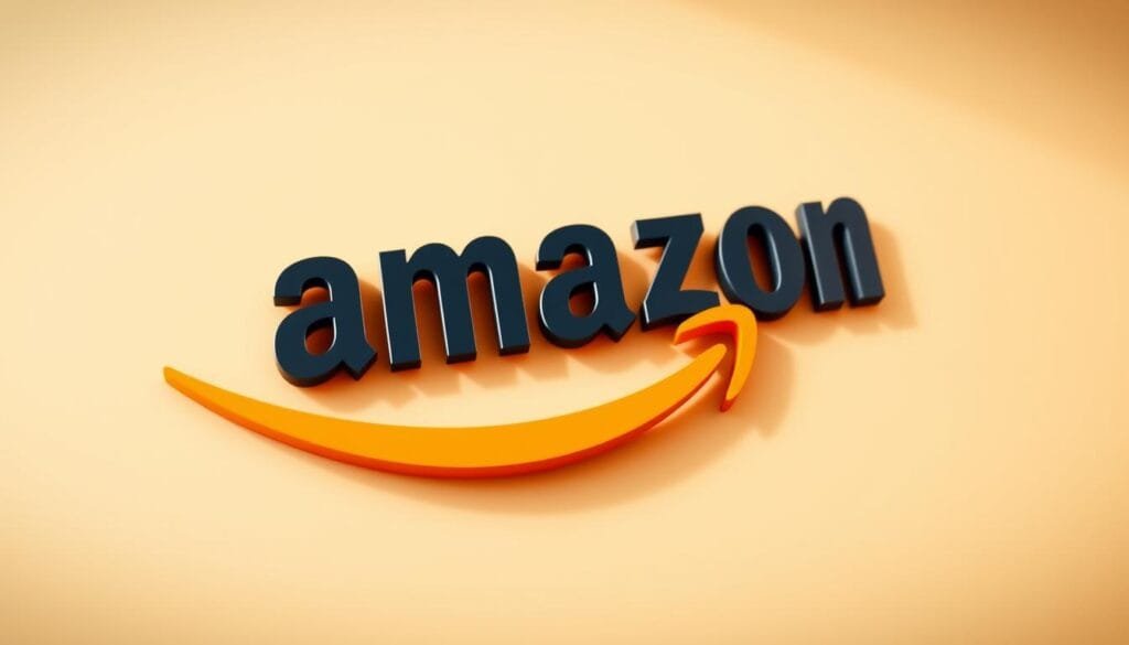 A vibrant, high-quality render of the Amazon logo, shot from a low angle with a wide-angle lens. The iconic arrow curves gracefully, its shape subtly suggesting a sense of forward momentum and growth. The colors are rich and saturated, with the classic Amazon orange and blue hues standing out against a softly blurred, neutral background. The lighting is natural and diffused, casting warm shadows that accentuate the logo's dimensional form. The overall composition conveys a sense of strength, stability, and global recognition, reflecting the brand's established presence and impact worldwide.