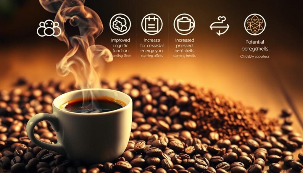 A vibrant, high-resolution image depicting the potential benefits of coffee consumption. In the foreground, a steaming cup of freshly brewed coffee with swirling aromatic steam. The middle ground showcases various coffee beans, whole and ground, arranged in an artful display. In the background, a series of informative icons and graphics illustrate the potential advantages of regular coffee intake, such as improved cognitive function, increased energy levels, and potential health benefits. The image is bathed in warm, golden lighting, creating a cozy and inviting atmosphere. The overall composition conveys a sense of wellness, productivity, and the positive impact coffee can have on the human body and mind. A vibrant, high-resolution image depicting the potential benefits of coffee consumption. In the foreground, a steaming cup of freshly brewed coffee with swirling aromatic steam. The middle ground showcases various coffee beans, whole and ground, arranged in an artful display. In the background, a series of informative icons and graphics illustrate the potential advantages of regular coffee intake, such as improved cognitive function, increased energy levels, and potential health benefits. The image is bathed in warm, golden lighting, creating a cozy and inviting atmosphere. The overall composition conveys a sense of wellness, productivity, and the positive impact coffee can have on the human body and mind.