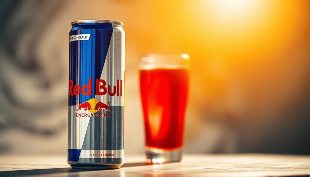A vibrant, high-resolution image of a Red Bull energy drink can, prominently displayed in the foreground. The can is captured in crisp detail, showcasing the iconic Red Bull logo and branding. The lighting is natural and warm, creating a sense of depth and dimension. In the middle ground, a transparent glass filled with the luminous, reddish-orange energy drink, reflecting the can's design. The background is blurred and hazy, placing the focus on the product. The overall composition conveys a sense of energy, vitality, and the essence of the Red Bull brand.