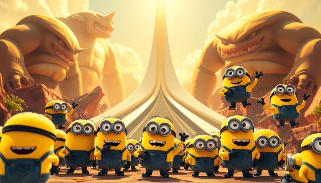 A vibrant, highly detailed digital illustration showcasing the design, voice, and universal comedy of the Minions. In the foreground, a group of Minions in various comical poses, their round bodies and expressive features radiating mischief and humor. The middle ground features a sleek, modernist design motif with clean lines and geometric shapes, hinting at the Minions' iconic visual style. In the background, a surreal, fantastical landscape with towering, muscular monstrosities - a nod to the Minions' original concept as gigantic, hulking creatures. The scene is bathed in warm, golden lighting, creating a sense of whimsy and playfulness. The overall composition captures the universal appeal of the Minions, blending their design, voice, and comedic essence in a visually striking and imaginative manner.