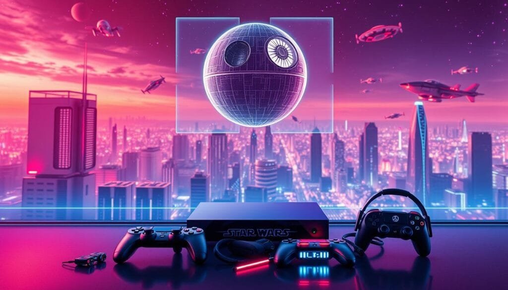 A vibrant, hyperrealistic scene depicting the "juego star wars" (Star Wars game) concept. Set in a futuristic, neon-infused environment, the frame showcases an array of iconic Star Wars elements. In the foreground, a sleek, high-tech gaming console stands prominently, its sleek design and glowing interfaces hinting at the immersive gameplay experience. Hovering above it, a detailed holographic projection of the legendary Death Star, its ominous presence casting an otherworldly glow across the scene. In the middle ground, various Star Wars-themed gaming accessories, such as controllers and headsets, are arranged in a dynamic, visually appealing composition. The background is dominated by a panoramic view of a bustling, futuristic cityscape, with skyscrapers and hovercraft adding to the sense of scale and technological advancement. The overall mood is one of excitement, innovation, and the seamless integration of the Star Wars universe into the world of gaming. A vibrant, hyperrealistic scene depicting the "juego star wars" (Star Wars game) concept. Set in a futuristic, neon-infused environment, the frame showcases an array of iconic Star Wars elements. In the foreground, a sleek, high-tech gaming console stands prominently, its sleek design and glowing interfaces hinting at the immersive gameplay experience. Hovering above it, a detailed holographic projection of the legendary Death Star, its ominous presence casting an otherworldly glow across the scene. In the middle ground, various Star Wars-themed gaming accessories, such as controllers and headsets, are arranged in a dynamic, visually appealing composition. The background is dominated by a panoramic view of a bustling, futuristic cityscape, with skyscrapers and hovercraft adding to the sense of scale and technological advancement. The overall mood is one of excitement, innovation, and the seamless integration of the Star Wars universe into the world of gaming.