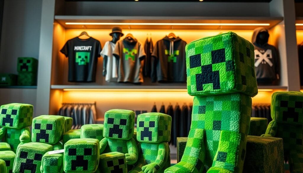 A vibrant merchandising display showcasing the iconic Minecraft Creeper. In the foreground, a selection of plush Creeper toys in various sizes, their distinctive green hues and pixelated textures inviting viewers to reach out and touch them. In the middle ground, a variety of Creeper-themed apparel, including t-shirts, hoodies, and hats, artfully arranged to highlight the character's instantly recognizable silhouette. The background features a sleek, minimalist shelf display, illuminated by warm, directional lighting that casts dramatic shadows, emphasizing the Creeper's angular form. The overall composition conveys the Creeper's evolution from a simple in-game mob to a beloved pop culture phenomenon, now immortalized in a diverse range of high-quality merchandise.