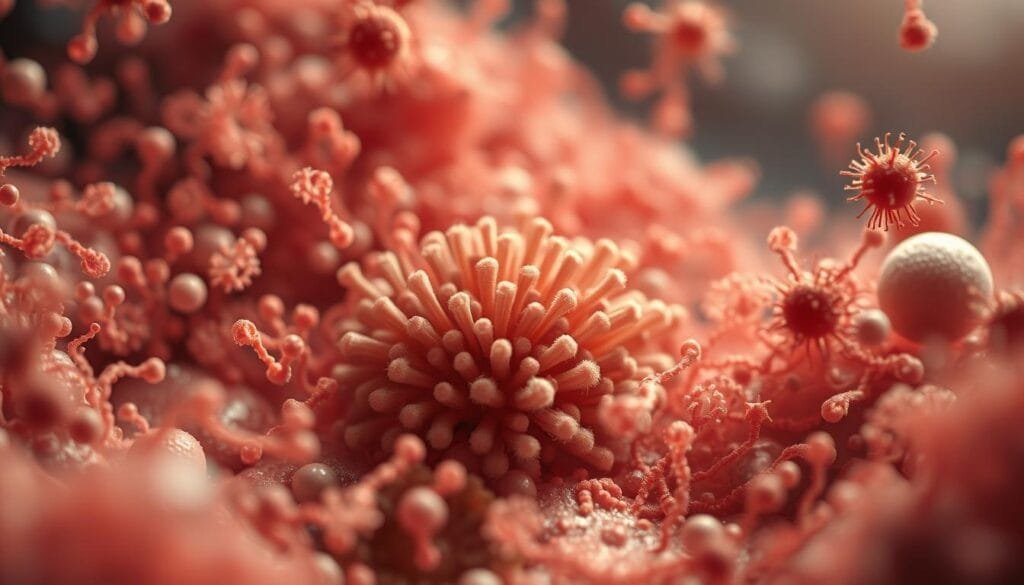 A vibrant, microscopic world of gut microbiome, teeming with diverse psychobiotic bacteria. A central colony of rod-shaped microbes, surrounded by a spectrum of orb-like, spiral, and filamentous forms, all bathed in a soft, warm glow. The foreground is sharply focused, with intricate details visible, while the background fades into a hazy, dreamlike blur. Muted, earthy tones predominate, creating a serene, contemplative atmosphere. Subtle, undulating patterns suggest the dynamic, ever-shifting nature of this hidden realm, which holds the key to our mental and emotional well-being.