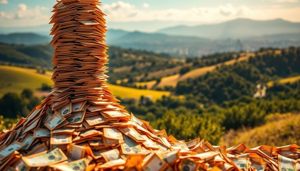 A vibrant scene depicting the power of compound interest in Chilean savings and investments. In the foreground, a towering pile of Chilean pesos cascades downwards, creating a dynamic visual metaphor for the exponential growth of wealth. The middle ground features a serene landscape with rolling hills, lush greenery, and a clear blue sky, symbolizing the tranquil long-term prosperity enabled by effective financial planning. In the background, a distant city skyline suggests the broader economic context, while the warm, golden lighting evokes a sense of optimism and security. The overall composition conveys the transformative potential of compound interest, inspiring viewers to harness its magic for their own financial well-being. A vibrant scene depicting the power of compound interest in Chilean savings and investments. In the foreground, a towering pile of Chilean pesos cascades downwards, creating a dynamic visual metaphor for the exponential growth of wealth. The middle ground features a serene landscape with rolling hills, lush greenery, and a clear blue sky, symbolizing the tranquil long-term prosperity enabled by effective financial planning. In the background, a distant city skyline suggests the broader economic context, while the warm, golden lighting evokes a sense of optimism and security. The overall composition conveys the transformative potential of compound interest, inspiring viewers to harness its magic for their own financial well-being.