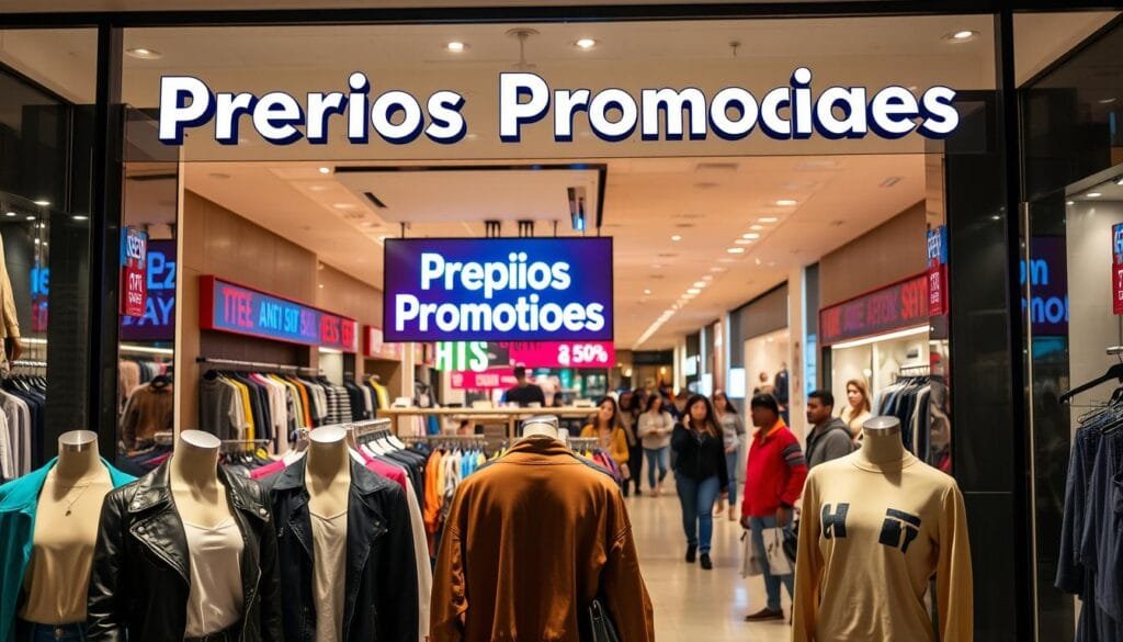 A vibrant, well-lit storefront display showcasing various clothing items in an outlet setting. In the foreground, neatly arranged mannequins don an array of trendy, discounted apparel. The middle ground features a lively backdrop of colorful signage highlighting "Precios Promociones" - eye-catching deals and promotions. The background captures the bustling energy of the outlet mall, with shoppers eagerly navigating the aisles. The lighting is warm and inviting, creating a sense of excitement and opportunity to uncover hidden fashion gems at unbeatable prices. The overall atmosphere evokes a feeling of savvy shopping and the thrill of discovering valuable, high-quality items at a fraction of their original cost.