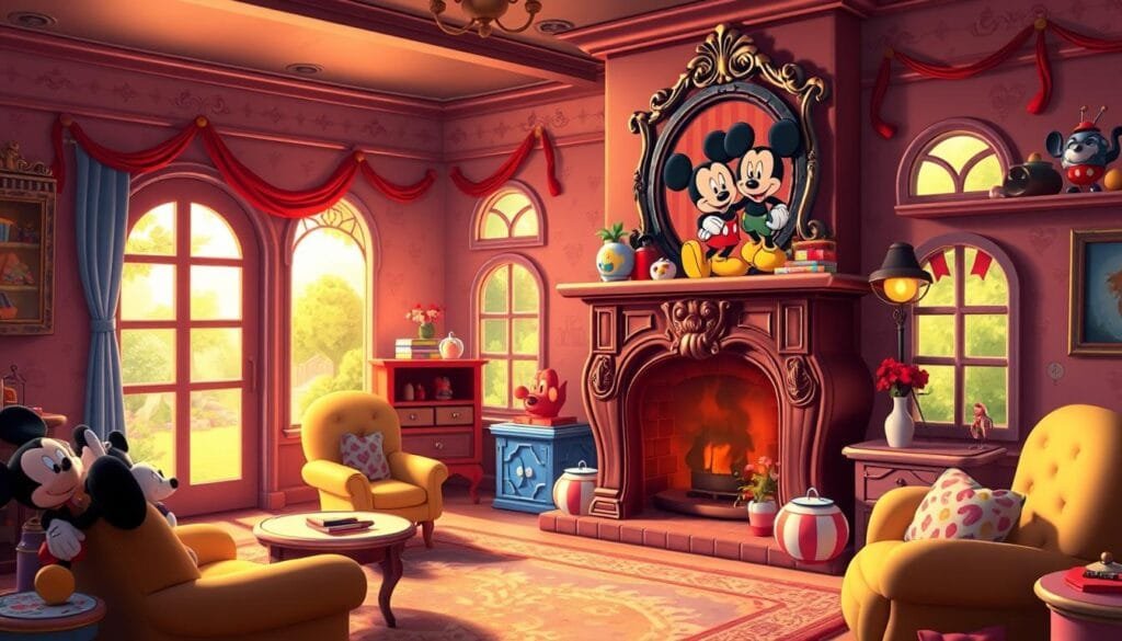 A vibrant, whimsical interior of "Casa Mickey", the iconic animated house from the beloved Disney series. A warm, soft lighting illuminates the playful decor, with Mickey Mouse-themed furniture, plush toys, and colorful patterns adorning the walls. The focal point is a large, ornate fireplace mantel, topped with a classic portrait of Mickey and Minnie. Glimpses of the enchanting backyard can be seen through the large windows, hinting at the world beyond. The scene radiates a cozy, nostalgic atmosphere, capturing the essence of Mickey and Minnie's timeless romance. A vibrant, whimsical interior of "Casa Mickey", the iconic animated house from the beloved Disney series. A warm, soft lighting illuminates the playful decor, with Mickey Mouse-themed furniture, plush toys, and colorful patterns adorning the walls. The focal point is a large, ornate fireplace mantel, topped with a classic portrait of Mickey and Minnie. Glimpses of the enchanting backyard can be seen through the large windows, hinting at the world beyond. The scene radiates a cozy, nostalgic atmosphere, capturing the essence of Mickey and Minnie's timeless romance.