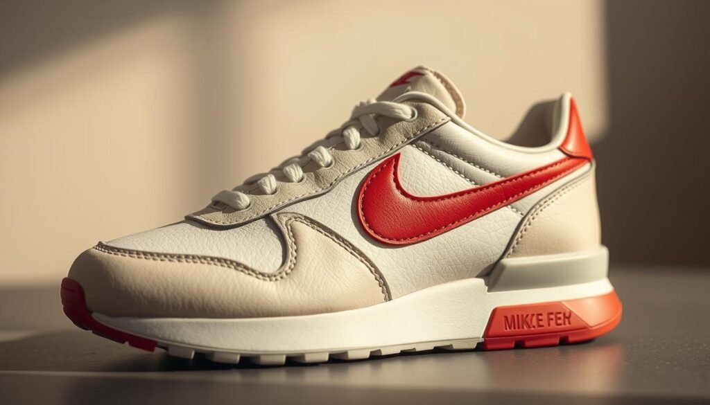 A vintage Nike Waffle Trainer, meticulously crafted with a sleek profile and distinctive waffle-patterned sole. The upper is composed of supple, textured leather in a timeless off-white hue, complemented by contrasting accents of bold crimson red. Subtle perforations along the sides provide breathability, while the iconic Nike Swoosh is prominently displayed in a complementary tone. The midsole features a cushioned, waffle-inspired design, reflecting the innovative spirit that drove the brand's early success. Soft, diffused lighting casts a warm, nostalgic glow, highlighting the shoe's timeless appeal and capturing the essence of a groundbreaking athletic icon that conquered the American market.