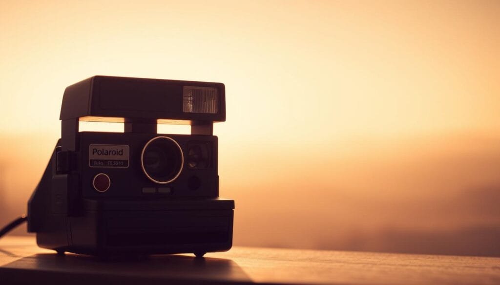 A vintage Polaroid camera set against a warm, nostalgic backdrop. The camera's iconic silhouette dominates the foreground, its sleek lines and retro aesthetics capturing the essence of instant photography. Soft, diffused lighting bathes the scene, creating a sense of timelessness and a touch of golden-hour glow. In the middle ground, a blurred, hazy landscape suggests the camera's ability to transport the viewer to a bygone era, where the anticipation of developing a physical photograph was a cherished experience. The background fades into a dreamlike, sepia-toned setting, evoking the camera's role in preserving memories and the emotional connection between the user and the captured moment.