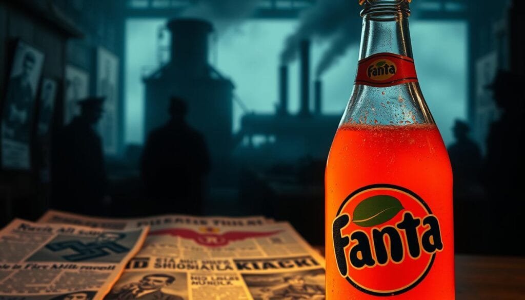 A vintage bottle of Fanta soda, illuminated by soft, warm lighting, sits prominently in the foreground. The bottle's distinct orange-red hue and retro design evoke a sense of nostalgia. In the middle ground, a collage of historical documents, including Nazi-era newspapers and propaganda posters, provides context for the Fanta's origins. The background features a dimly lit, moody scene, with shadowy figures and the faint outline of a World War II-era factory, hinting at the tumultuous history behind this iconic beverage. The overall atmosphere is one of intrigue, history, and a touch of darkness, reflecting the complex origins of Fanta.