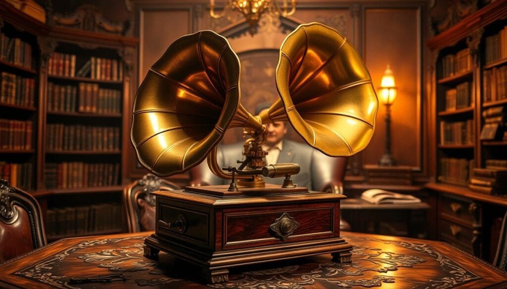 A vintage fonógrafo, its brass horn and wooden body gleaming under warm, soft lighting. The device sits atop an ornate wooden table, surrounded by a dimly lit, antique study filled with leather-bound books and a sense of timeless elegance. The fonógrafo's intricate mechanisms are visible, hinting at the ancient technology that once captured the earliest recorded sounds. The scene evokes a reverent atmosphere, as if this humble machine holds the key to unlocking the most primordial echoes of the universe.