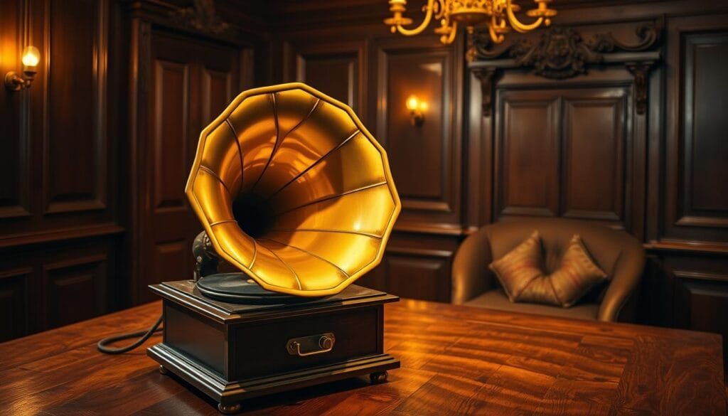 A vintage gramophone player sitting on a wooden table, illuminated by warm, soft lighting. The player's brass horn is the focal point, casting a rich, sepia-toned reflection on the polished surface. In the background, a dimly lit, antique-inspired room with wooden paneling and ornate moldings, creating an atmospheric, nostalgic setting. The composition emphasizes the timeless quality of this historical audio recording device, evoking a sense of wonder and reverence for the origins of recorded sound.