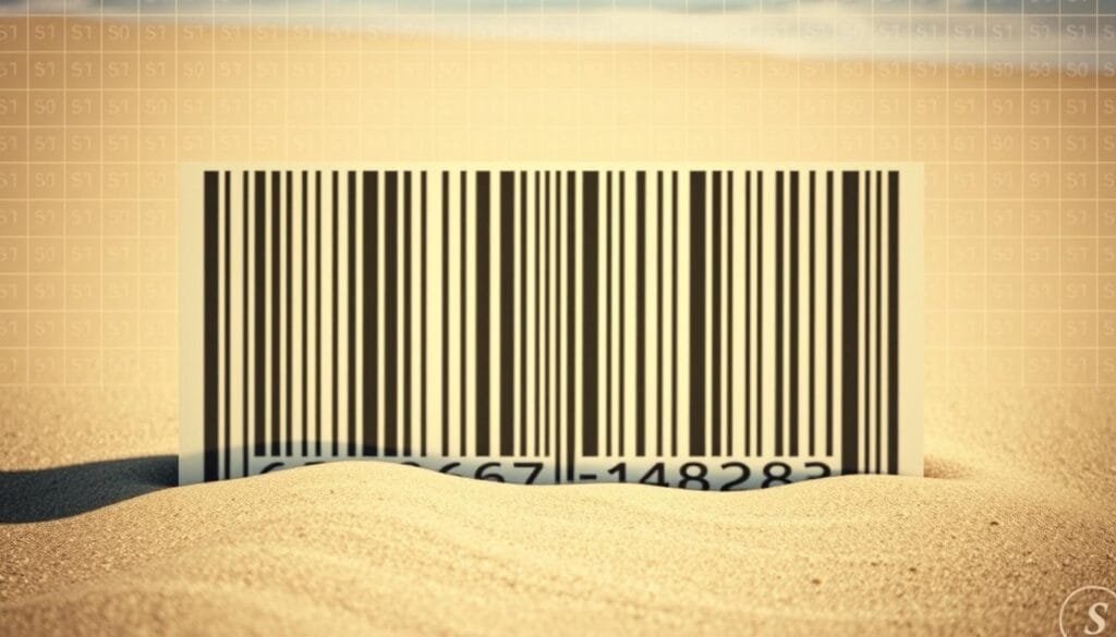 A vintage-style product barcode against a backdrop of a sandy beach, with a subtle grid pattern in the background reminiscent of the Morse code symbols that inspired its design. The barcode is rendered in a rich, warm-toned color palette, casting soft shadows that suggest gentle coastal lighting. The overall composition conveys a sense of history and the origins of this ubiquitous retail technology, reflecting the article's subject matter and section title.