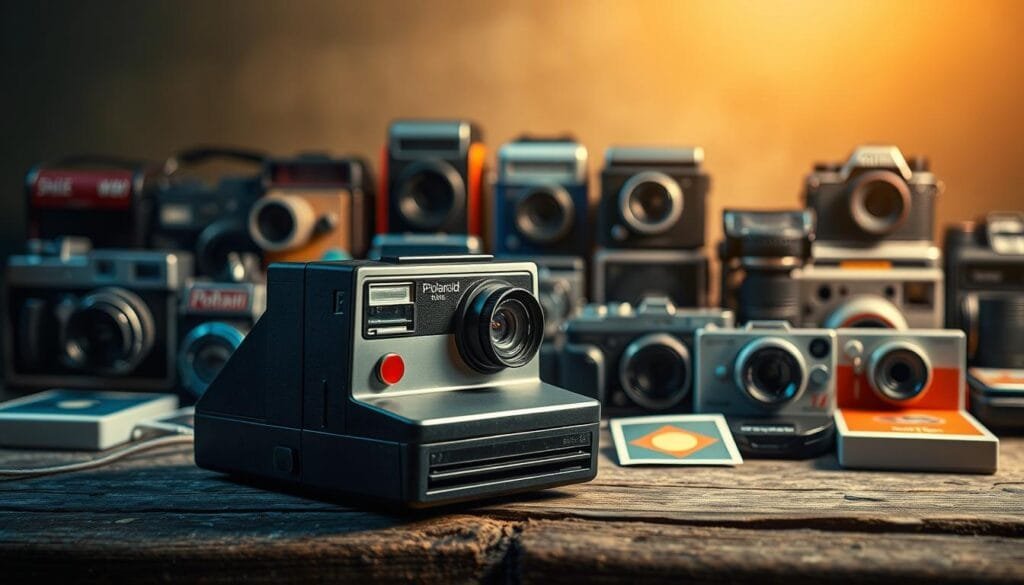 A vivid scene of vintage instant cameras, showcasing their timeless appeal and practical legacy in the Chilean and global markets. In the foreground, a classic Polaroid SX-70 camera sits atop a weathered wooden surface, its sleek body and distinctive folding design capturing the essence of the era. In the middle ground, a collection of various instant camera models, each with their own distinct features and personalities, invites the viewer to explore the diverse landscape of this beloved photographic technology. The background is filled with a soft, atmospheric lighting, creating a warm and nostalgic ambiance that underscores the enduring popularity of these iconic devices. The overall composition and attention to detail evoke a sense of the practical and creative applications that have made instant cameras an integral part of the Chilean and global photography landscape.