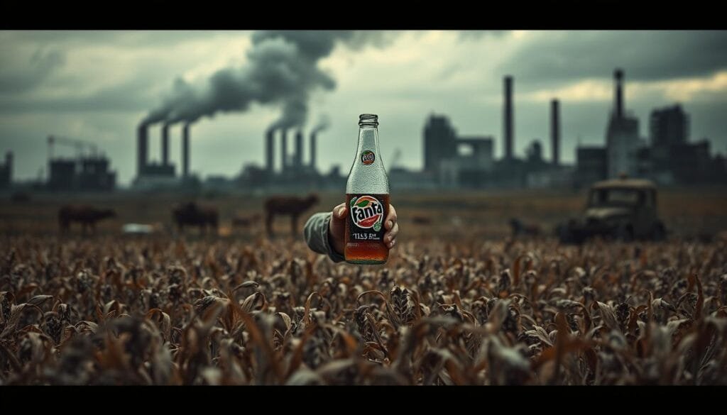 A war-torn landscape in the midst of the Second World War, with factories billowing smoke and crumbling buildings in the background. In the foreground, a lone figure stands amidst a field of withered crops, holding a glass bottle of Fanta - a symbol of resourcefulness and resilience during a time of scarcity. The sky is overcast, casting a somber glow over the scene, conveying the hardships and sacrifices of the era. The composition is dramatic, with sharp contrasts and a sense of urgency, capturing the essence of Fanta's creation as a solution to the challenges faced during the war.
