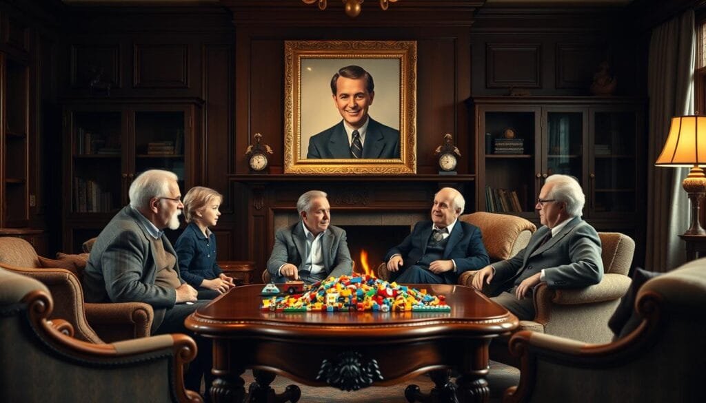 A warm and intimate family portrait of the Kristiansen family, founders of the LEGO company. In the foreground, a cozy living room setting with an ornate wooden table, plush armchairs, and a crackling fireplace. The middle ground features Godtfred and Kjeld Kirk Kristiansen, the sons of LEGO's original creator Ole, sitting together and engaged in animated conversation. Behind them, a large framed photograph of the family's patriarch, Ole Christiansen, presides over the scene. Soft, diffused lighting casts a golden glow, evoking a sense of heritage, tradition, and familial bonds. The overall mood is one of comfort, pride, and a deep-rooted connection to the company's origins.