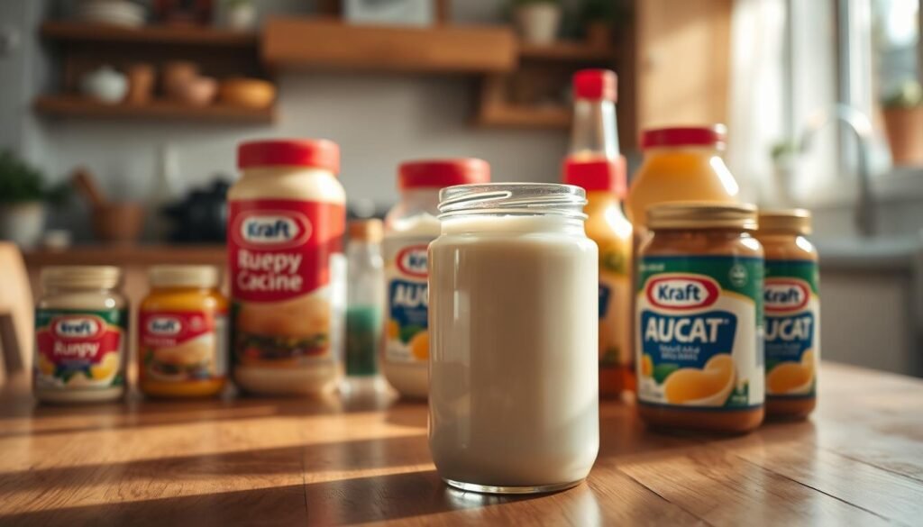 A warm, inviting still life of Kraft mayonnaise products presented on a wooden table, bathed in soft, natural lighting. In the foreground, a glass jar of mayonnaise takes center stage, its creamy white contents visible through the transparent glass. Surrounding the jar are various Kraft product packaging, arranged in a visually appealing composition. The middle ground features additional jars and bottles, showcasing the brand's iconic red and yellow color scheme. In the background, a subtle, out-of-focus kitchen scene, hinting at the domestic setting where these products are used. The overall mood is one of quality, heritage, and culinary delight, reflecting the history and legacy of the Kraft mayonnaise brand.