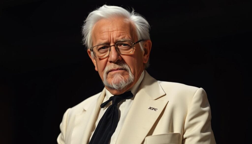 A weathered and distinguished-looking Harland "Colonel" Sanders, wearing his iconic white suit and black string tie, standing confidently in a dimly lit room. The lighting casts dramatic shadows, highlighting the determined expression on his face and the lines of experience etched into his features. The background is blurred, hinting at the challenges and setbacks he faced before finding success with his famous fried chicken recipe. An aura of resilience and perseverance emanates from the scene, reflecting his journey to build the KFC brand later in life. A weathered and distinguished-looking Harland "Colonel" Sanders, wearing his iconic white suit and black string tie, standing confidently in a dimly lit room. The lighting casts dramatic shadows, highlighting the determined expression on his face and the lines of experience etched into his features. The background is blurred, hinting at the challenges and setbacks he faced before finding success with his famous fried chicken recipe. An aura of resilience and perseverance emanates from the scene, reflecting his journey to build the KFC brand later in life.
