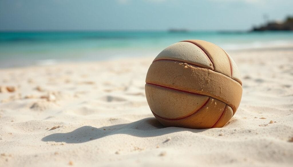 A weathered, sand-encrusted volleyball lies alone on a deserted tropical beach, its signature red stitching faded by sun and time. The scene evokes a sense of solitude and contemplation, as if this discarded object has become an object of reverence - a symbolic remnant of a harrowing survival story. Soft, diffused lighting casts long shadows, emphasizing the volleyball's isolated presence. The background is hazy, with a faint horizon line and a calm, azure sea, allowing the volleyball to take center stage as a poignant memento, a tangible connection to a tale of perseverance against the odds.