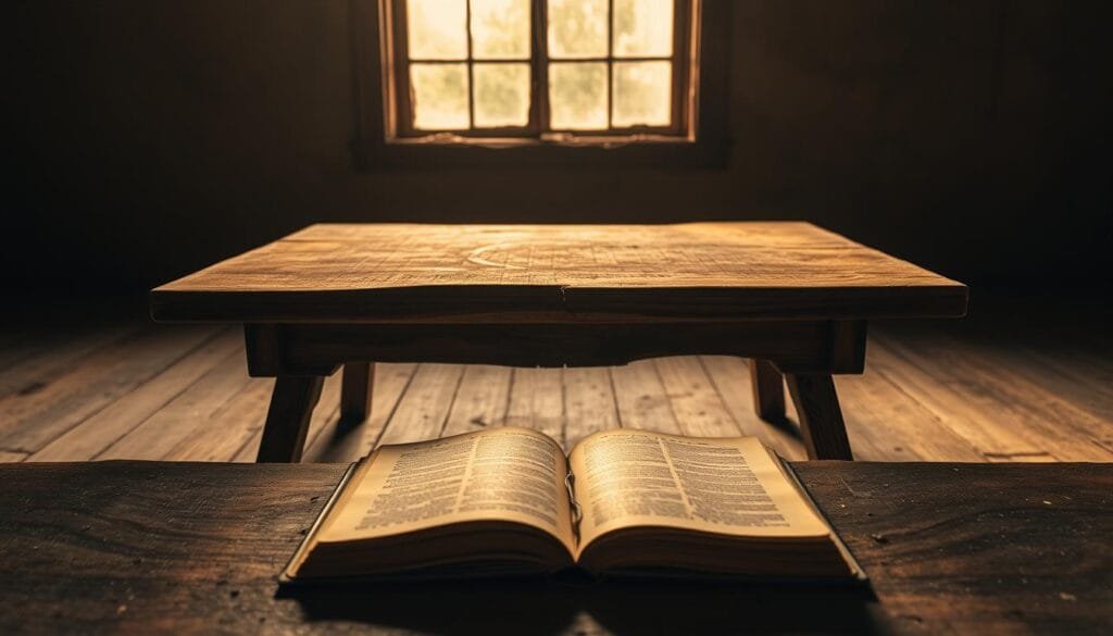 A weathered wooden table, its surface scarred and uneven, stands in the center of a dimly lit room. The table's legs are crooked, hinting at a history of strain and upheaval. Sunlight filters through a grimy window, casting a warm, golden glow that accentuates the table's worn patina. In the foreground, a single book lies open, its pages yellowed and tattered, evoking a sense of abandoned transactions and shattered dreams. The scene conveys a palpable sense of disrepair and financial ruin, mirroring the metaphorical "breaking of the bank" that gave rise to the term "bancarrota."