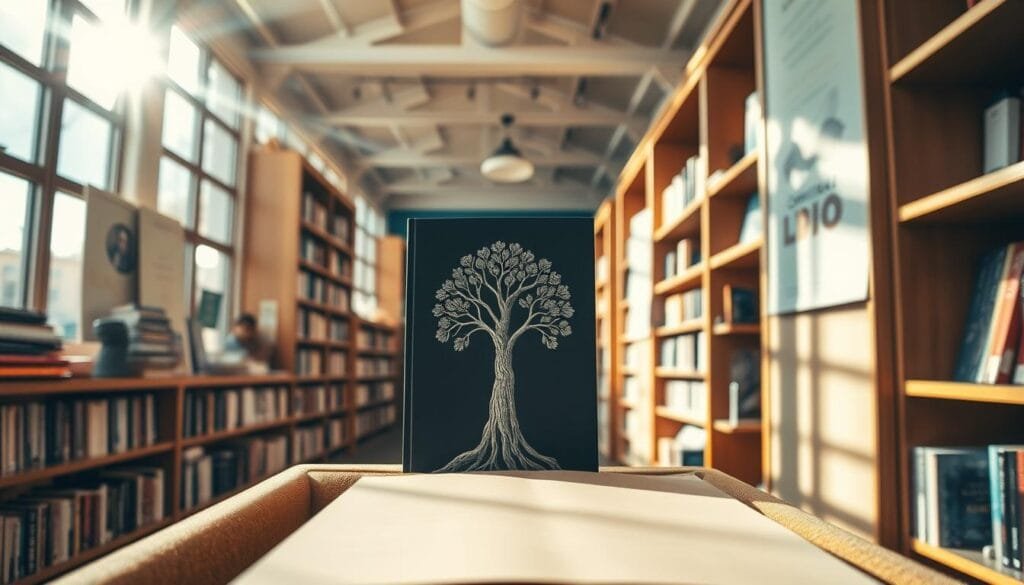 A well-lit bookstore interior, with wooden shelves lining the walls and a cozy reading nook in the foreground. On the shelves, a single book titled "Compra libro" stands out, its cover featuring an intricate tree-like design. Sunlight streams in through large windows, casting a warm glow over the scene. The atmosphere is one of tranquility and discovery, inviting the viewer to browse and immerse themselves in the world of knowledge. The camera angle is slightly elevated, allowing for a comprehensive view of the space and the captivating book at the center of the frame.