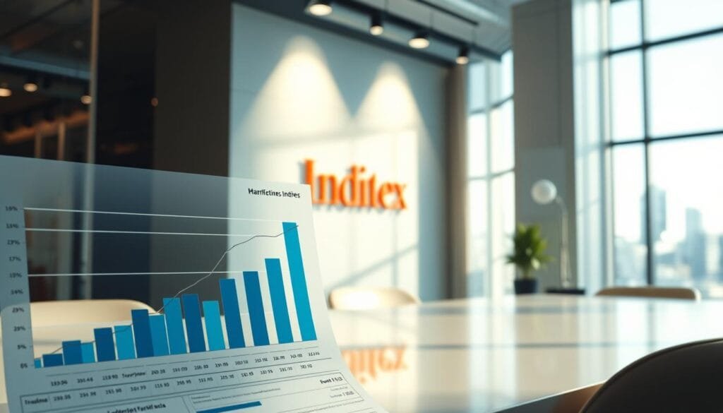 A well-lit financial report showcasing Inditex's key milestones, rendered in a realistic, corporate style. In the foreground, detailed graphs and charts depict the company's growth trajectory, IPO, and leadership transition to Pablo Isla. The middle ground features a sleek, minimalist office setting, with a prominent Inditex logo on the wall. The background is a softly blurred cityscape, hinting at the global reach of the fashion retail giant. The overall atmosphere conveys a sense of professionalism, success, and strategic vision. A well-lit financial report showcasing Inditex's key milestones, rendered in a realistic, corporate style. In the foreground, detailed graphs and charts depict the company's growth trajectory, IPO, and leadership transition to Pablo Isla. The middle ground features a sleek, minimalist office setting, with a prominent Inditex logo on the wall. The background is a softly blurred cityscape, hinting at the global reach of the fashion retail giant. The overall atmosphere conveys a sense of professionalism, success, and strategic vision.