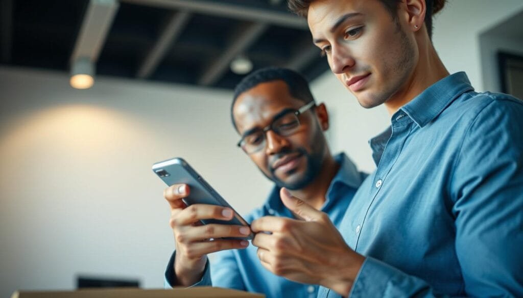 A well-lit, high-resolution image of a person using a smartphone to scan a QR code on a product package. The scene should convey a sense of security and vigilance, with the person's expression indicating they are carefully examining the code. The background should be a clean, minimalist indoor setting, such as an office or home environment, to keep the focus on the scanning action. Lighting should be soft and natural, creating a calm, professional atmosphere. The angle should be slightly elevated, giving a clear view of the scanning process. Overall, the image should communicate the idea of responsible and proactive security practices in a modern, digital context.